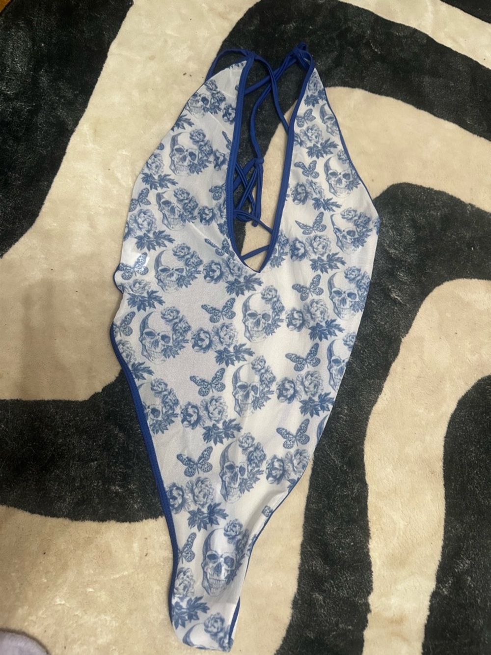 Midnight Ballarina Blue Floral Skull sheer One-Piece Polewear